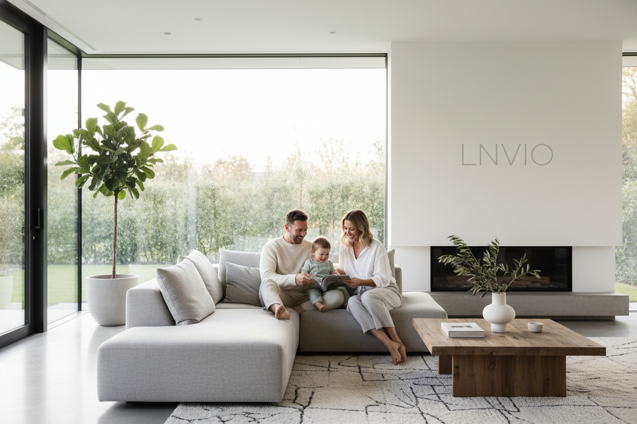 Crea un banner horizontal estilo Medular con ambiente de hogar moderno y iluminación cálida. Incluye personas disfrutando de su casa de manera natural y relajada, sin mostrar productos específicos. Mantén un look minimalista, premium y luminoso, con colores blanco, gris claro y acentos suaves en verde. Integra la marca ‘LNVIO’ de forma elegante dentro del diseño